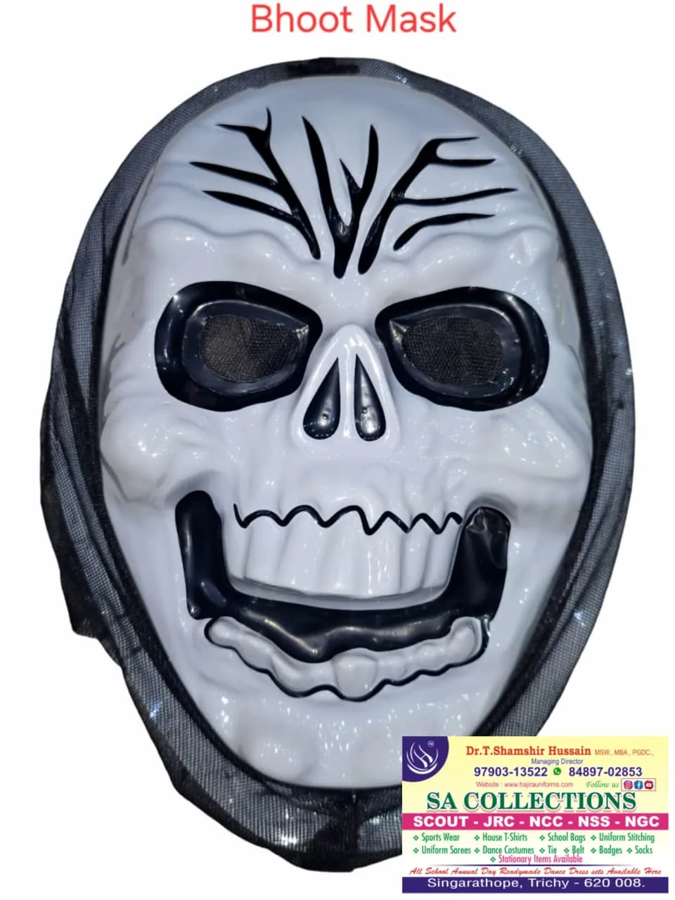 Scary Skull Bhoot Mask with Black Hood - Halloween & Horror Costume Accessory