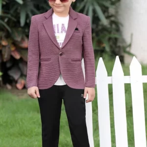 Million Fashion Kids' Textured Mauve/Wine Casual Blazer Set with Trousers - Stylish Party Wear