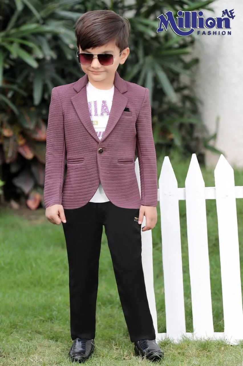 Million Fashion Kids' Textured Mauve/Wine Casual Blazer Set with Trousers - Stylish Party Wear