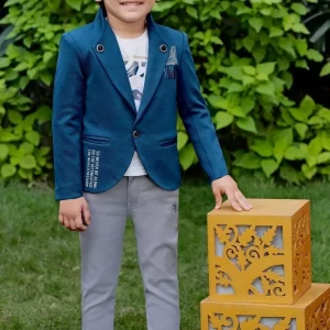 Million Fashion Kids' Designer Teal Blue Sport Coat & Grey Trouser Set - Casual Chic Party Outfit