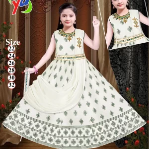 Yaameen Dresses (YD) Girls' Sleeveless White & Green Printed Anarkali Style Frock with Drape (D.No-Y9363)
