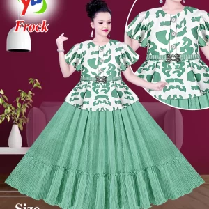Yaameen Dresses (YD) Girls' Stylish Pleated Maxi Frock - Green & White Print with Belt (D.No-Y.24063)