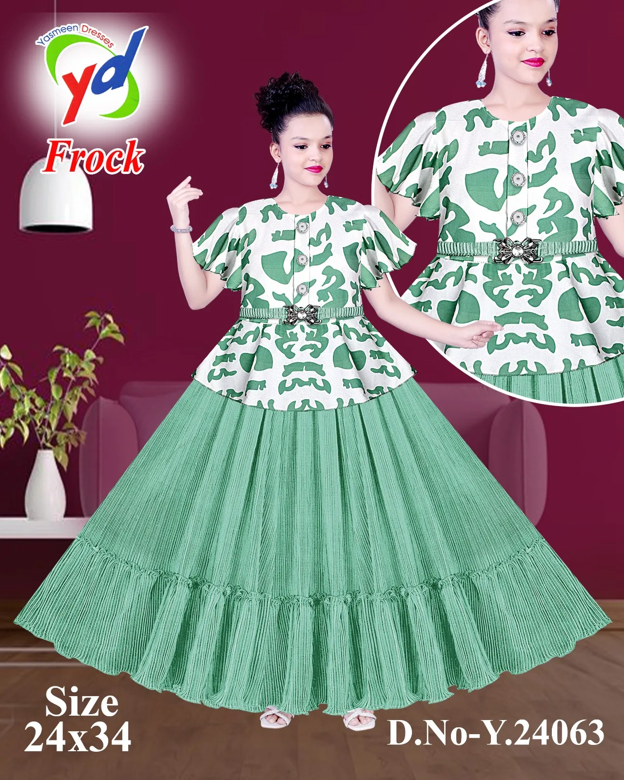 Yaameen Dresses (YD) Girls' Stylish Pleated Maxi Frock - Green & White Print with Belt (D.No-Y.24063)